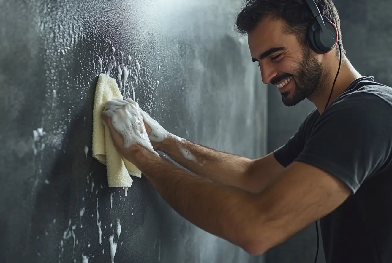  personne nettoyant les murs de la salle de bains après les avoir enduits de béton ciré